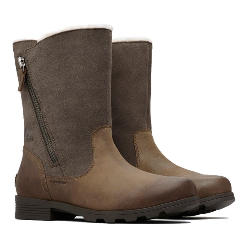 Sorel Emelie Boots Foldover Winter Leather Faux Fur Shearling Waterproof Brown 8